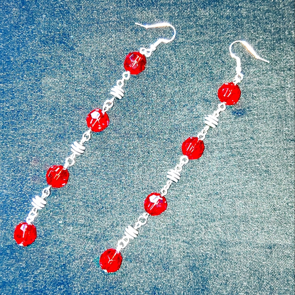 Elegantly simple hand crafted long beaded dangle earrings black and white stripe
